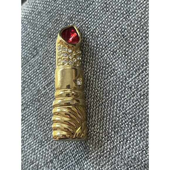 Lipstick Brooch Pin Gold Tone Clear Rhinestone Red Enamel Retro Cocktail Career - Picture 1 of 4